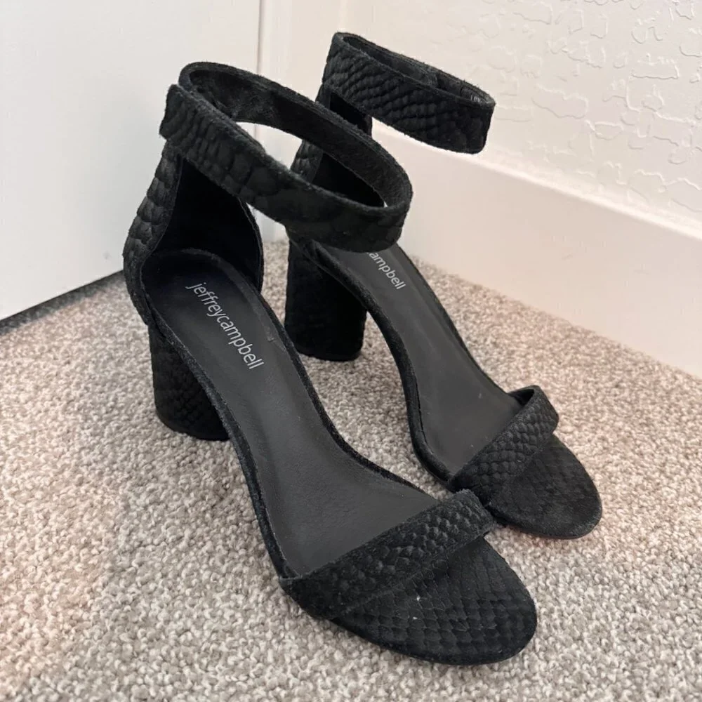 Jeffrey Campbell Laura Heels Size 6.5 Black Croc Ankle Strap Sandal Classic Chic